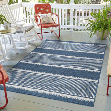 Revere Blue White Stripes Distressed Indoor/Outdoor Patio Rug