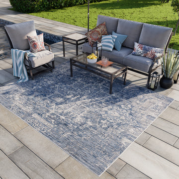 Revere Transitional Navy Blue Azure Distressed Indoor/Outdoor Rug