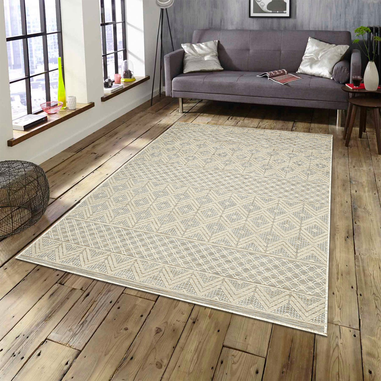 Easy Rugs Tranquil Geometric Ivory Grey Indoor Outdoor Rug